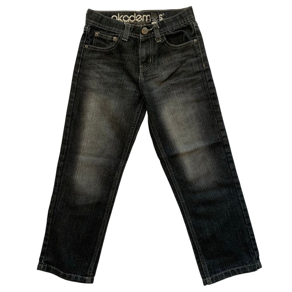 Akademiks Boys Sz 8 Black Wash Denim Jeans Punk Worn Straight Leg Streetwear